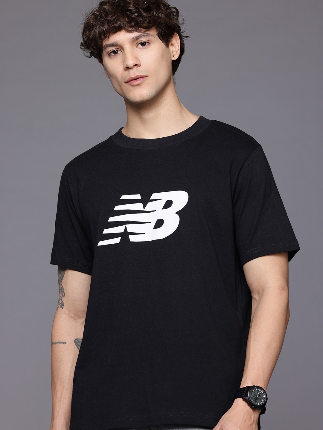 

New Balance Brand Logo Printed Pure Cotton Sports T-shirt, Black