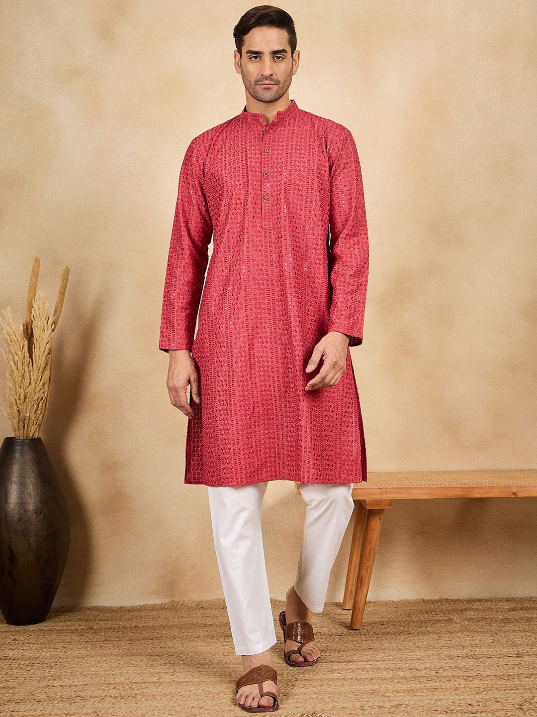 

HERE&NOW Floral Embroidered Sequinned Mandarin Collar Straight Kurta, Maroon