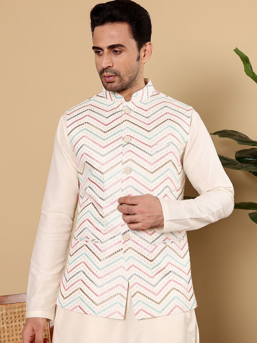 

MULTI SHADES Embroidered Nehru Jackets, White