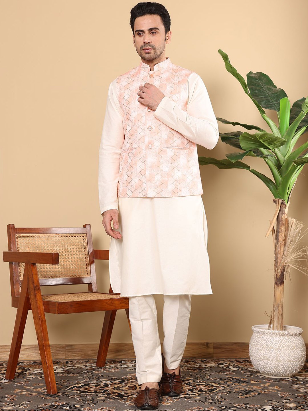 

MULTI SHADES Embroidered Nehru Jackets, Peach