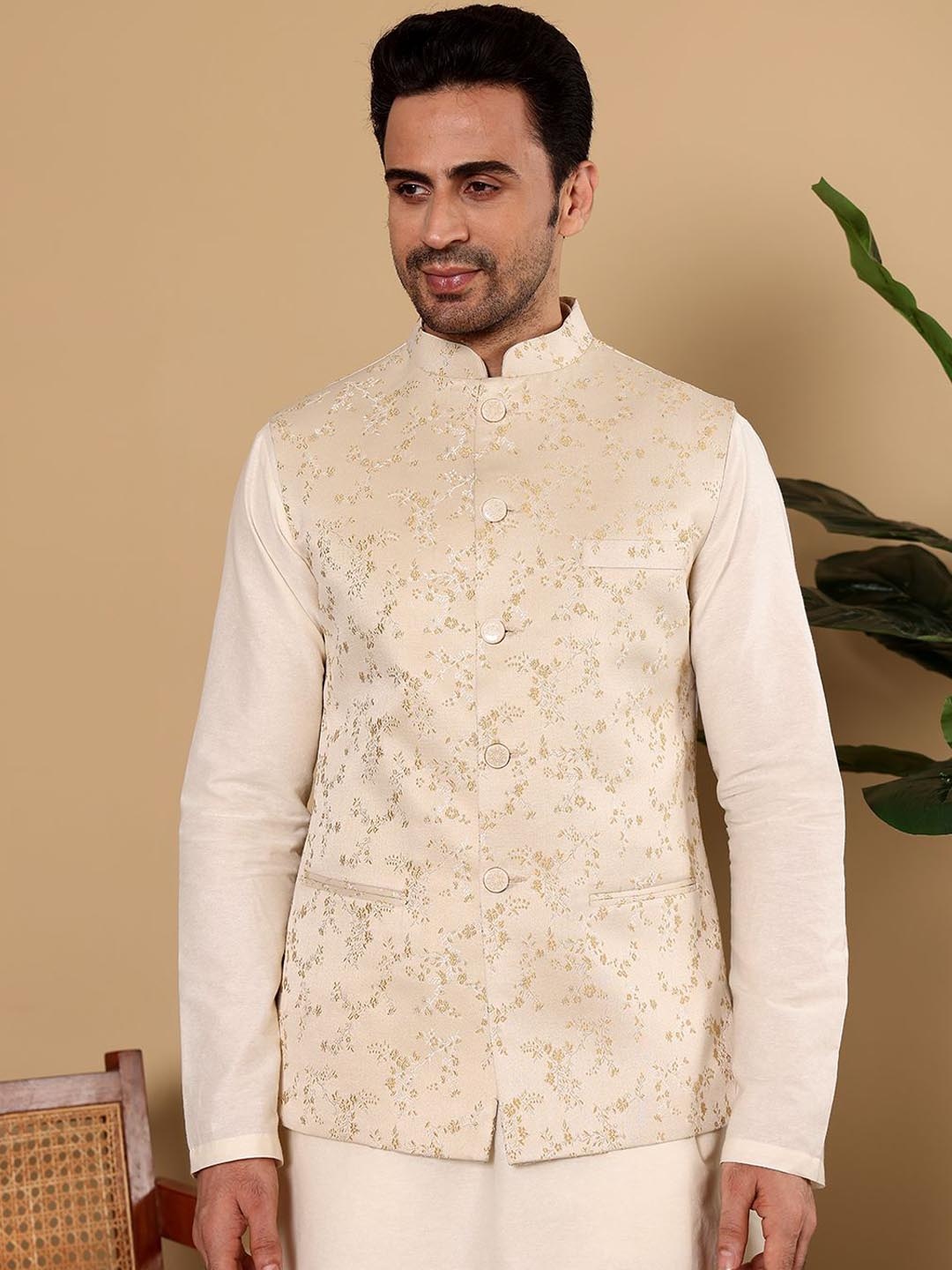 

MULTI SHADES Men Woven Design Nehru Jacket, Cream