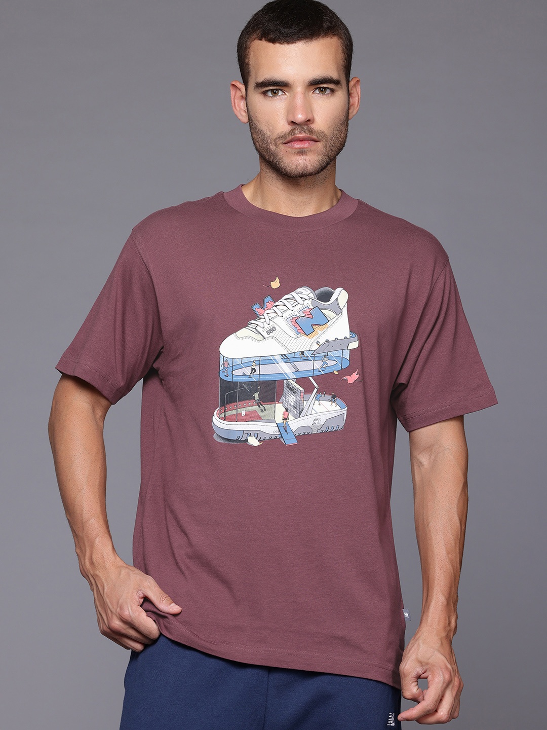 

New Balance Graphic Print Drop-Shoulder Sleeves Cotton Longline T-Shirt, Purple