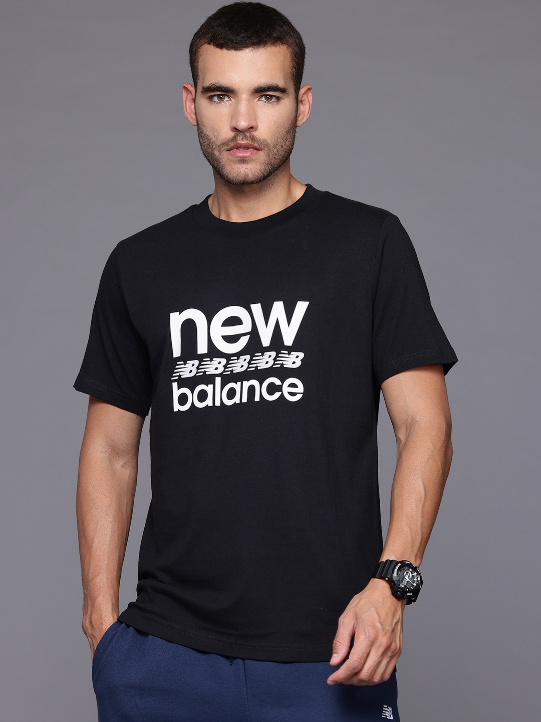 

New Balance Typography Print Drop-Shoulder Sleeves Pure Cotton T-shirt, Black