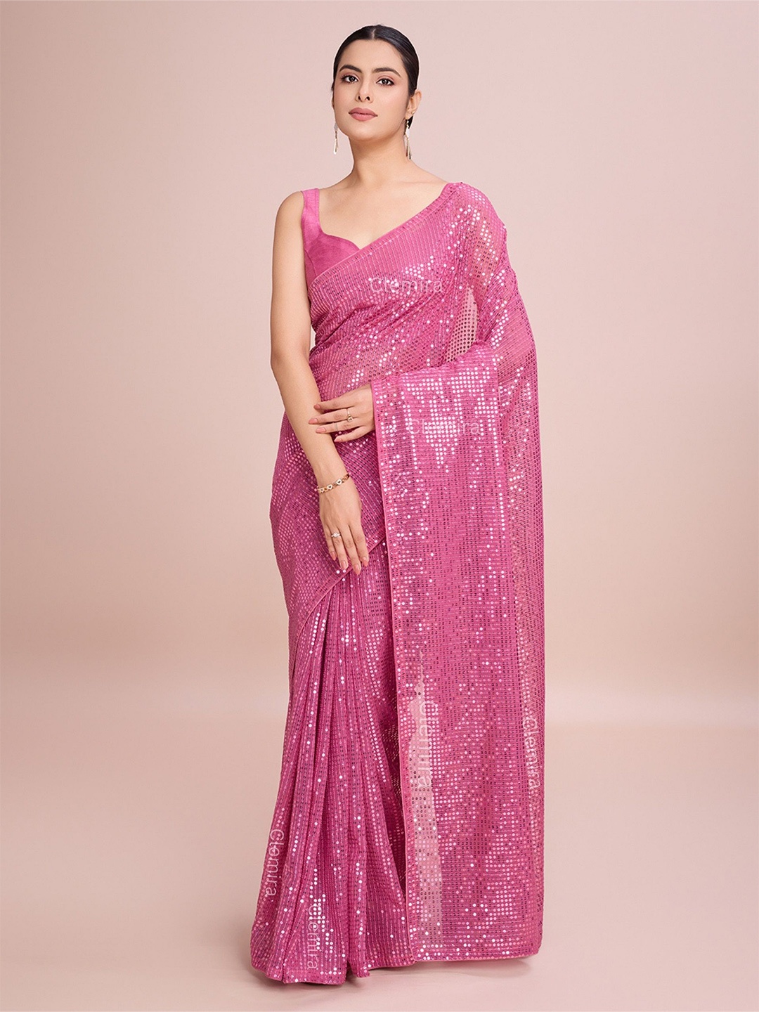 

CLEMIRA Embellished Sequinned Pure Georgette Saree, Pink