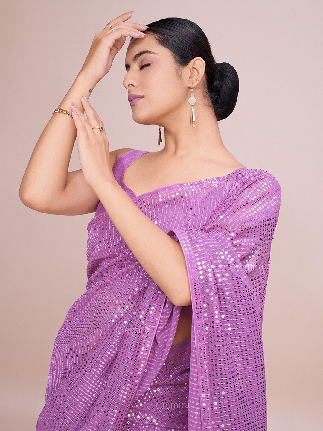 

CLEMIRA Embroidered Sequinned Pure Georgette Heavy Work Saree, Mauve