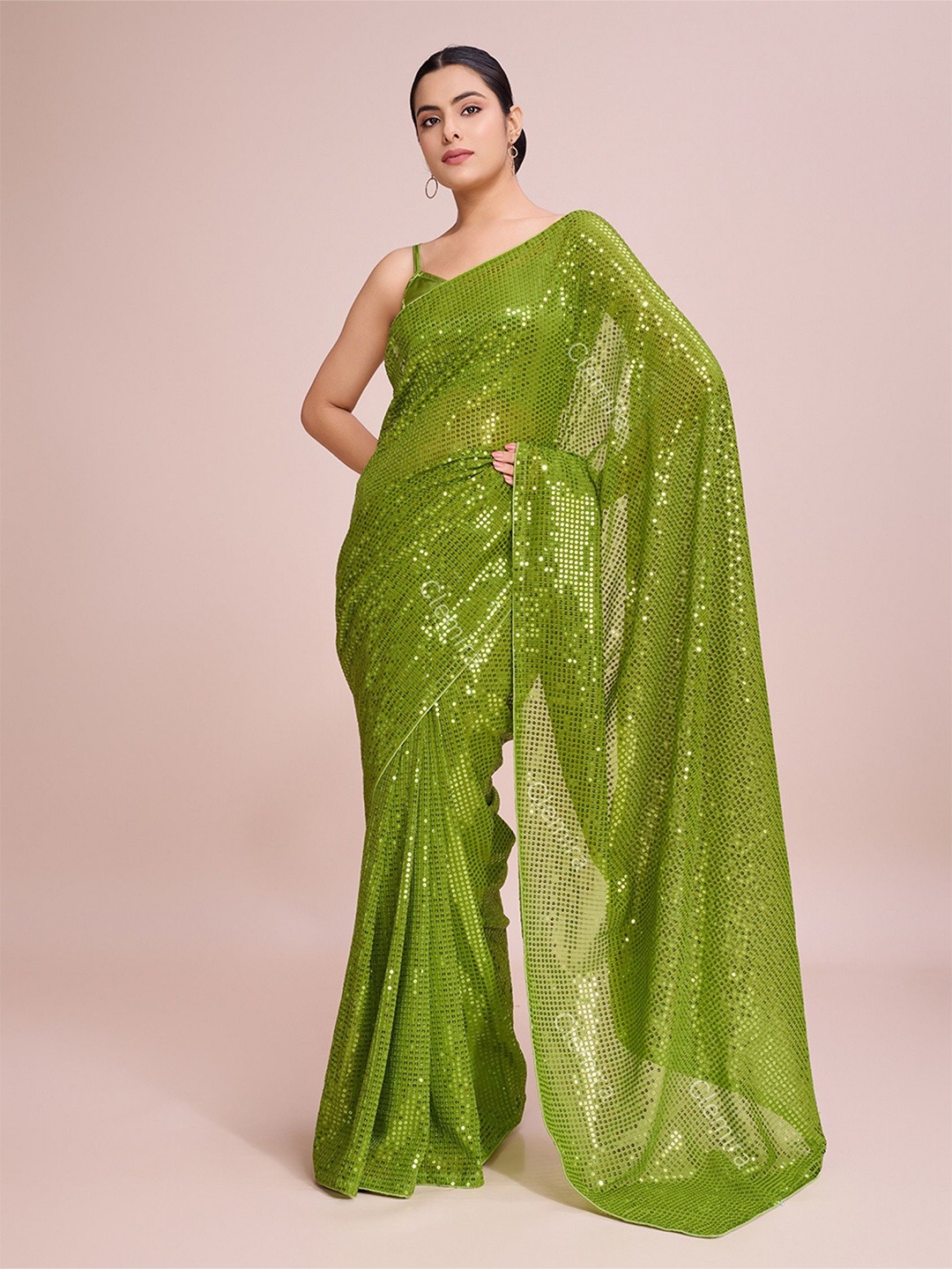 

CLEMIRA Embellished Sequinned Pure Georgette Saree, Lime green