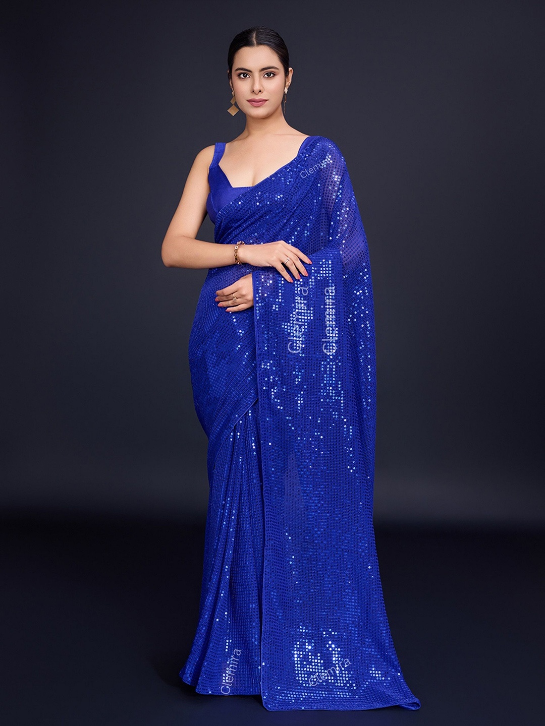 

CLEMIRA Embellished Sequinned Pure Georgette Saree, Blue