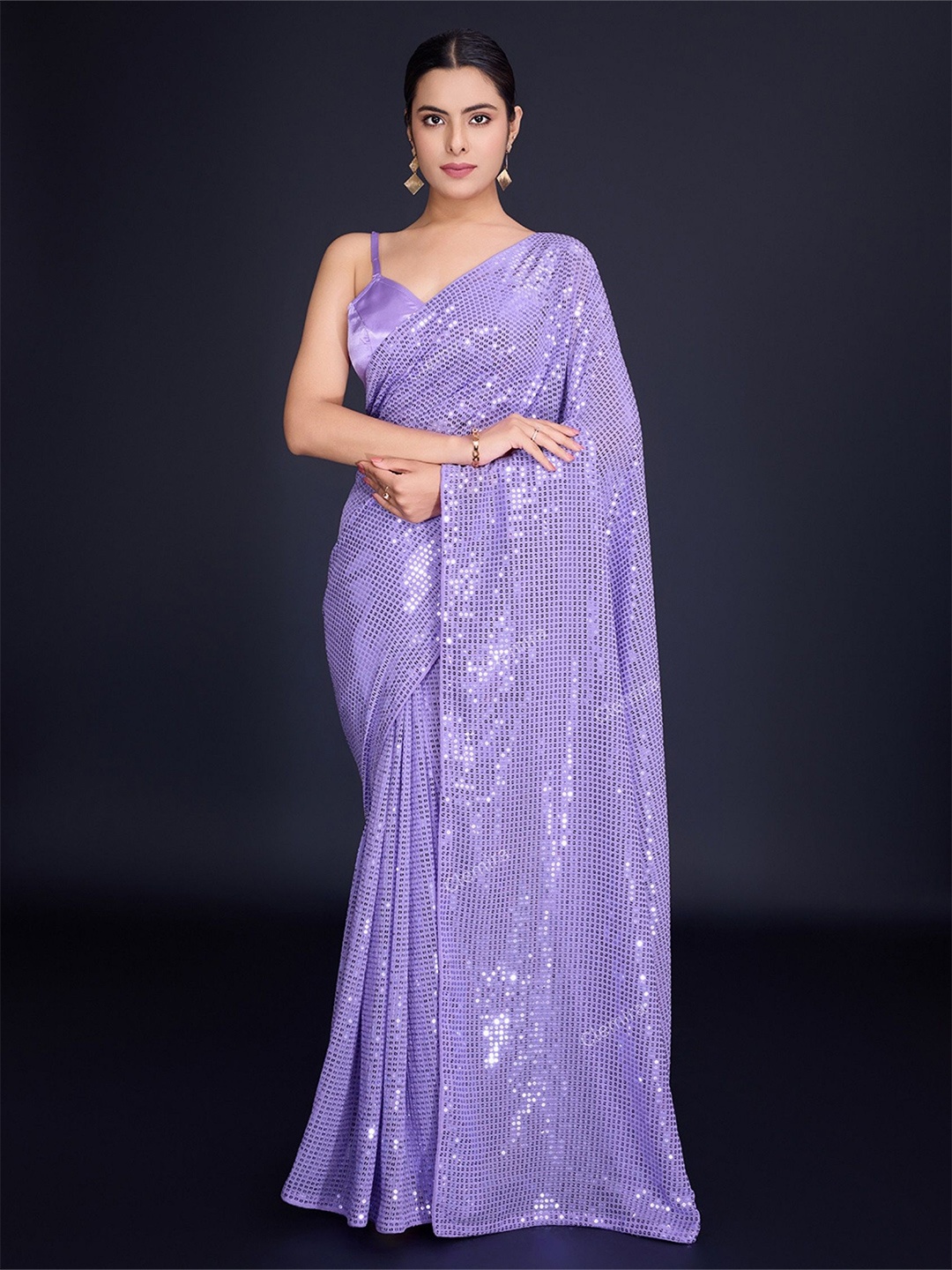 

CLEMIRA Embellished Sequinned Pure Georgette Saree, Lavender