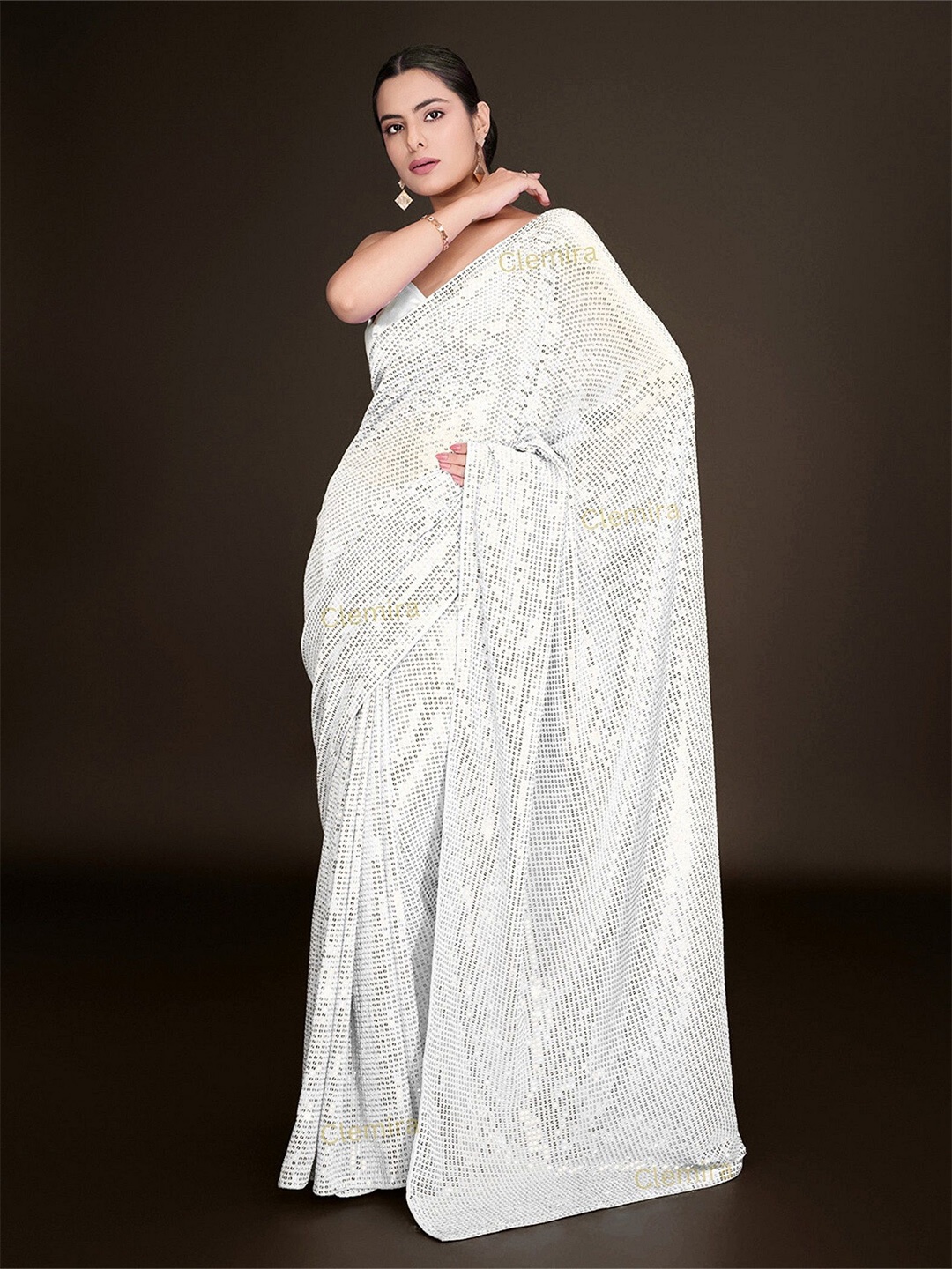 

CLEMIRA Embellished Sequinned Pure Georgette Heavy Work Saree, White