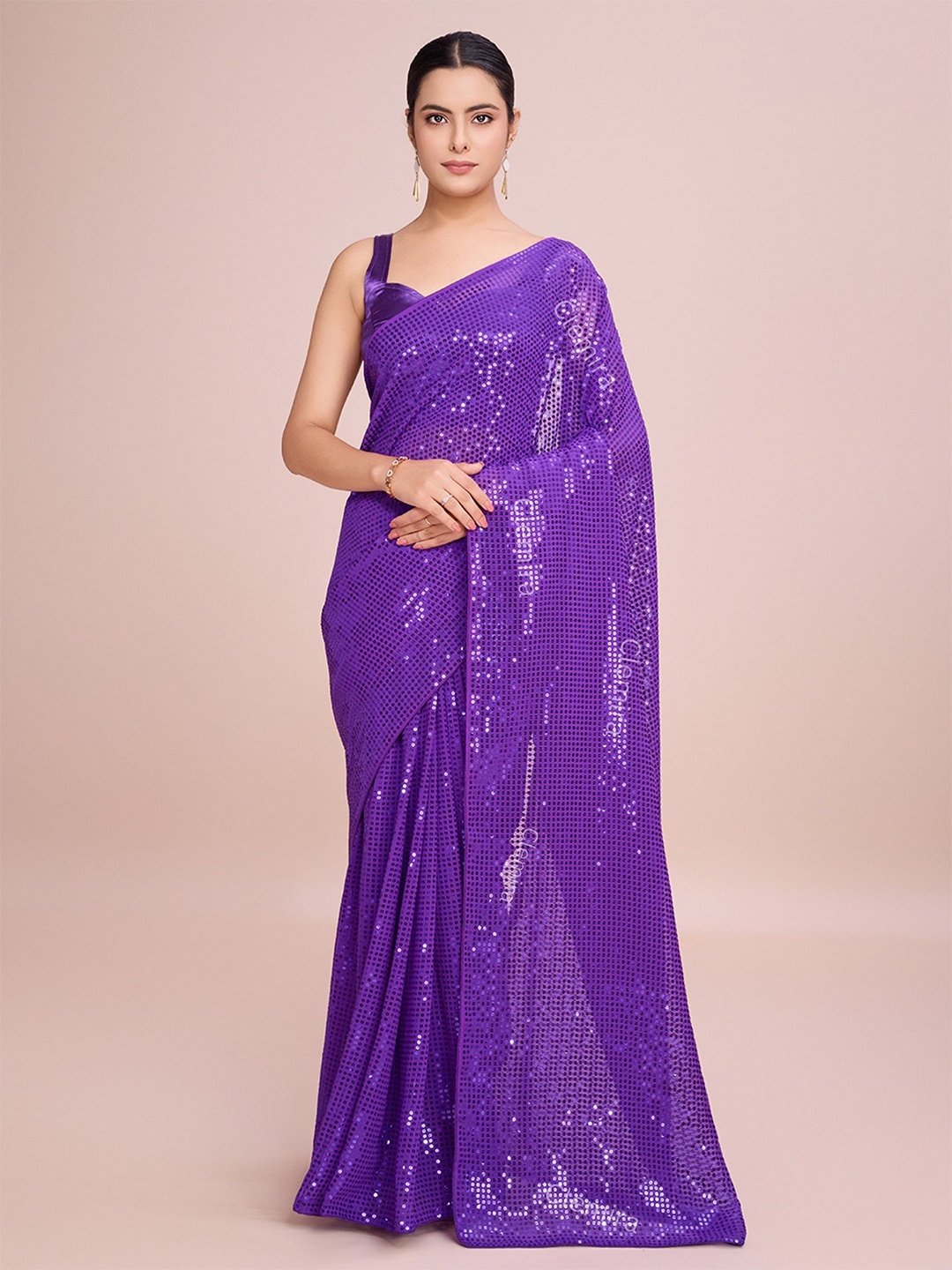 

CLEMIRA Embellished Sequinned Pure Georgette Heavy Work Saree, Violet