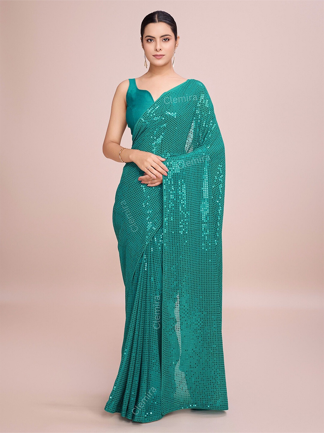 

CLEMIRA Embellished Sequinned Pure Georgette Saree, Teal