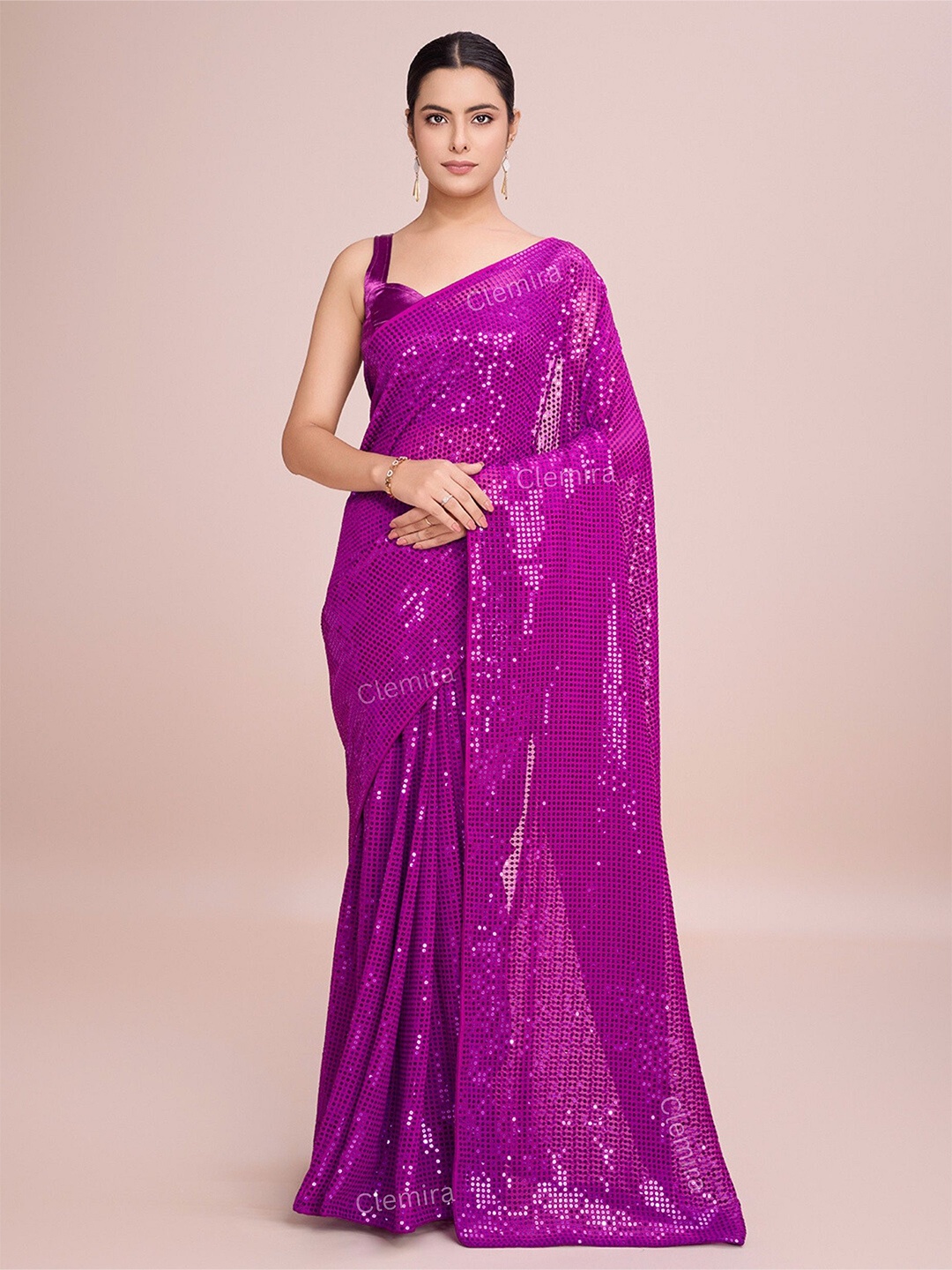 

CLEMIRA Embellished Sequinned Pure Georgette Saree, Pink