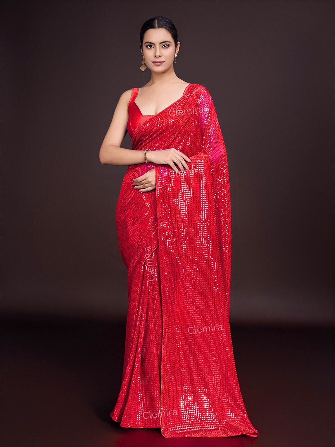 

CLEMIRA Embellished Sequinned Pure Georgette Heavy Work Saree, Red
