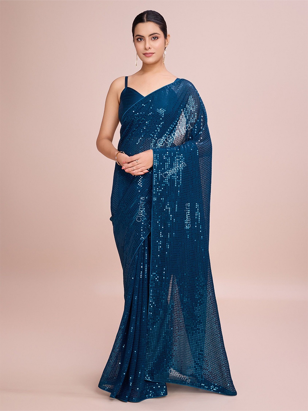 

CLEMIRA Embellished Sequinned Pure Georgette Saree, Blue