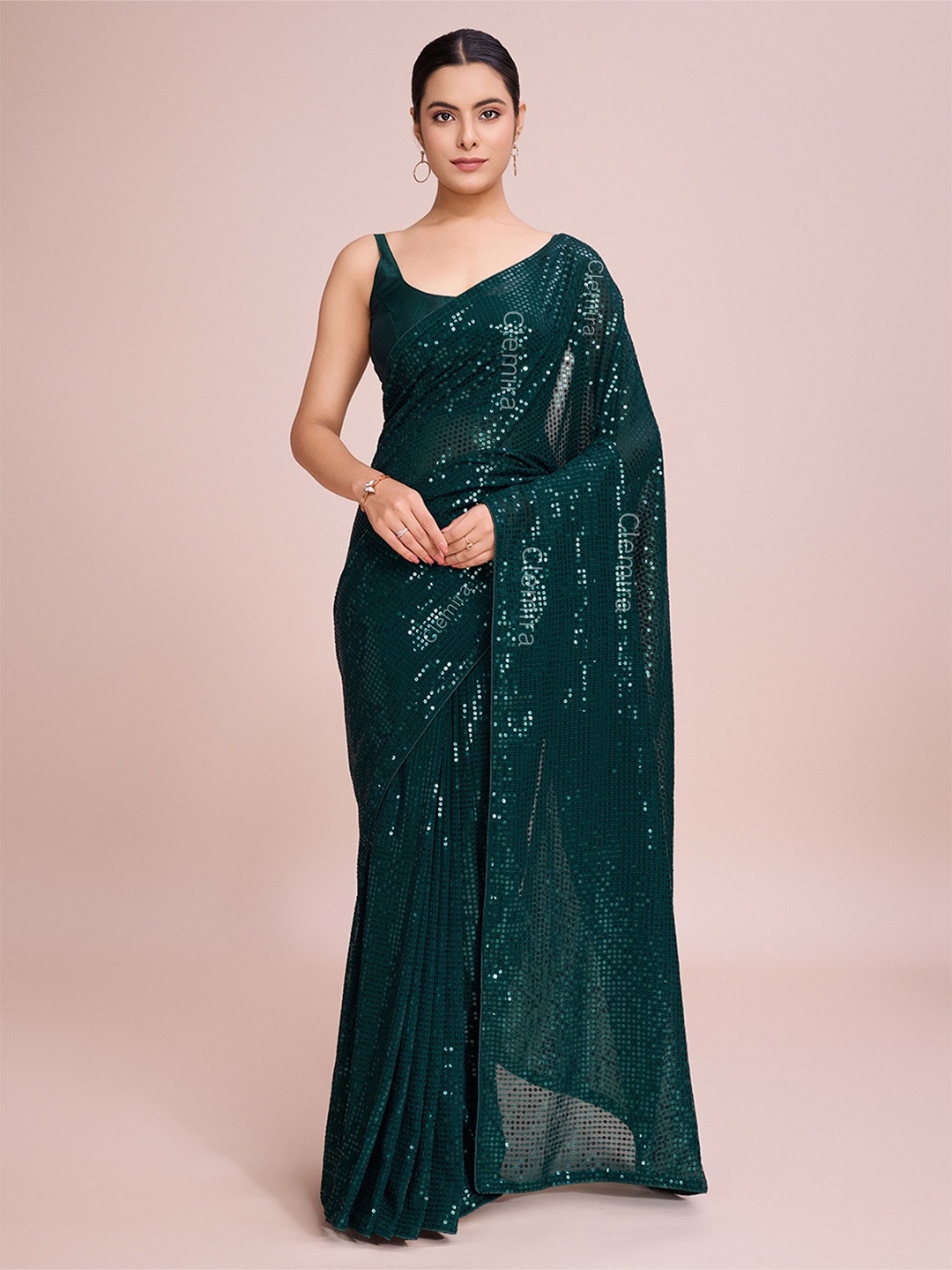 

CLEMIRA Embellished Sequinned Pure Georgette Heavy Work Saree, Green