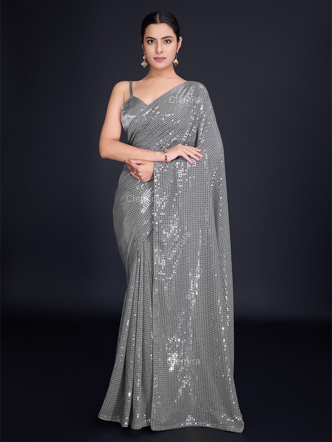 

CLEMIRA Embellished Sequinned Pure Georgette Heavy Work Saree, Grey