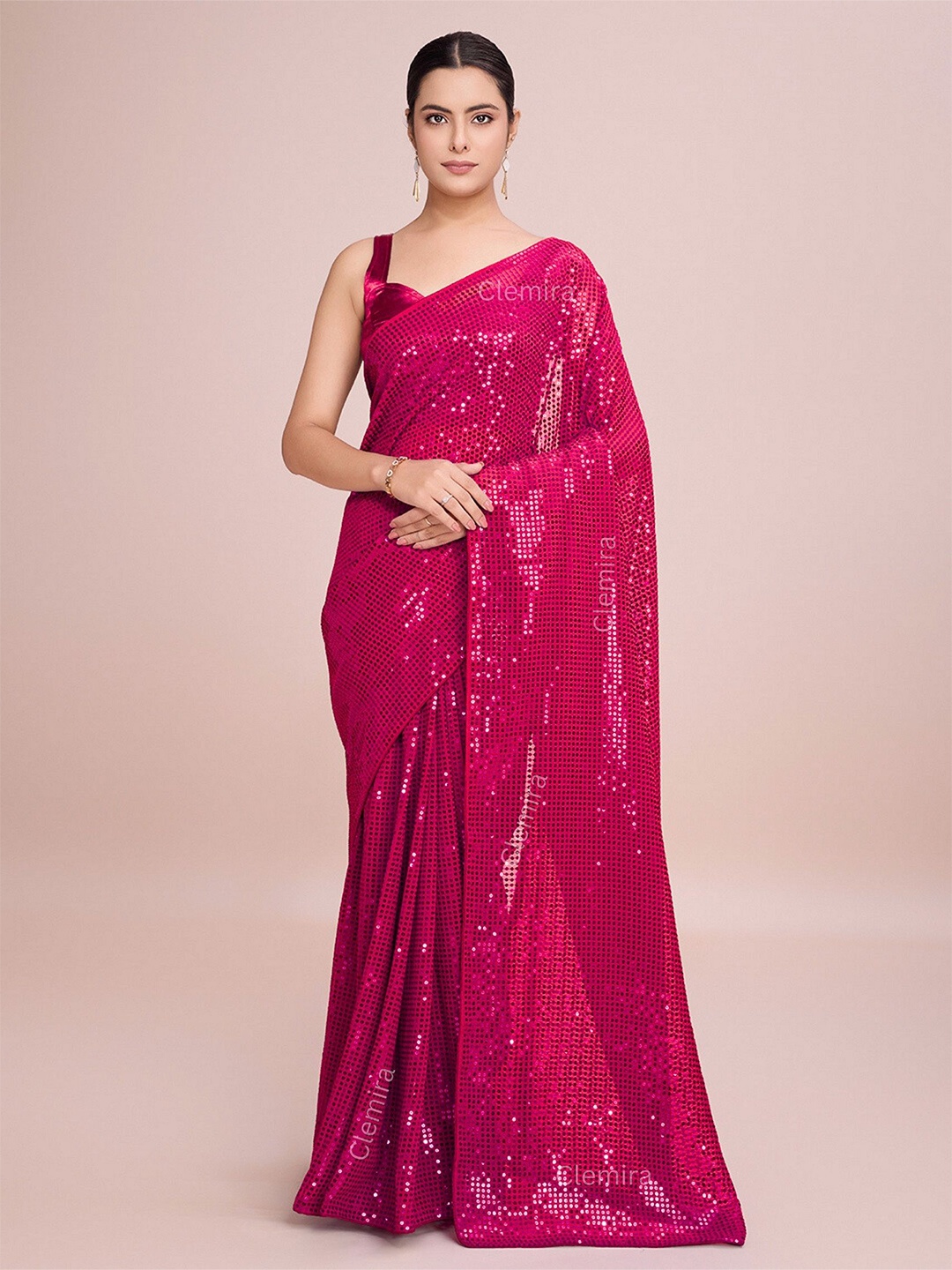 

CLEMIRA Embellished Sequinned Pure Georgette Dhoti Saree, Rose