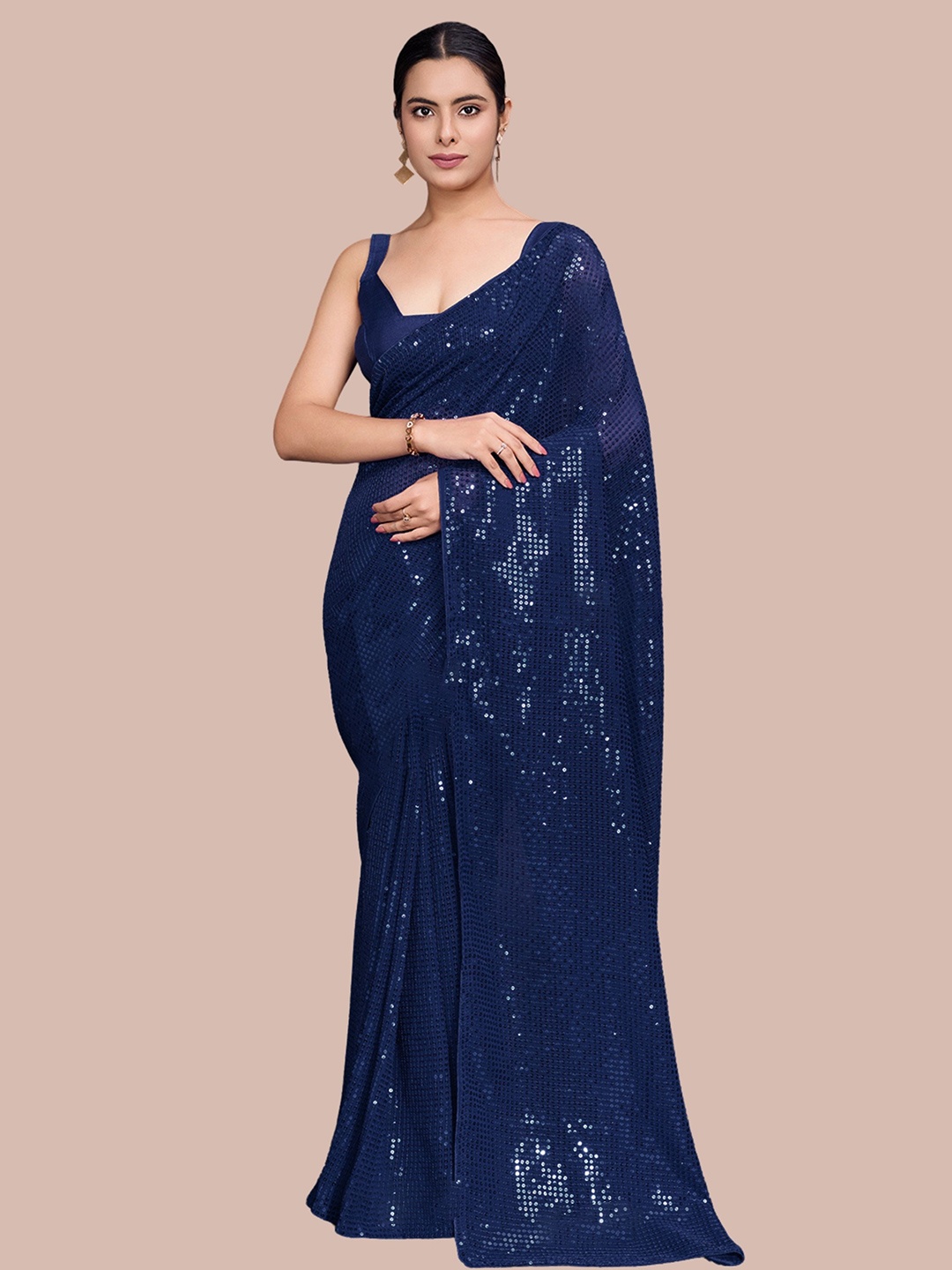 

CLEMIRA Embellished Sequinned Pure Georgette Saree, Navy blue