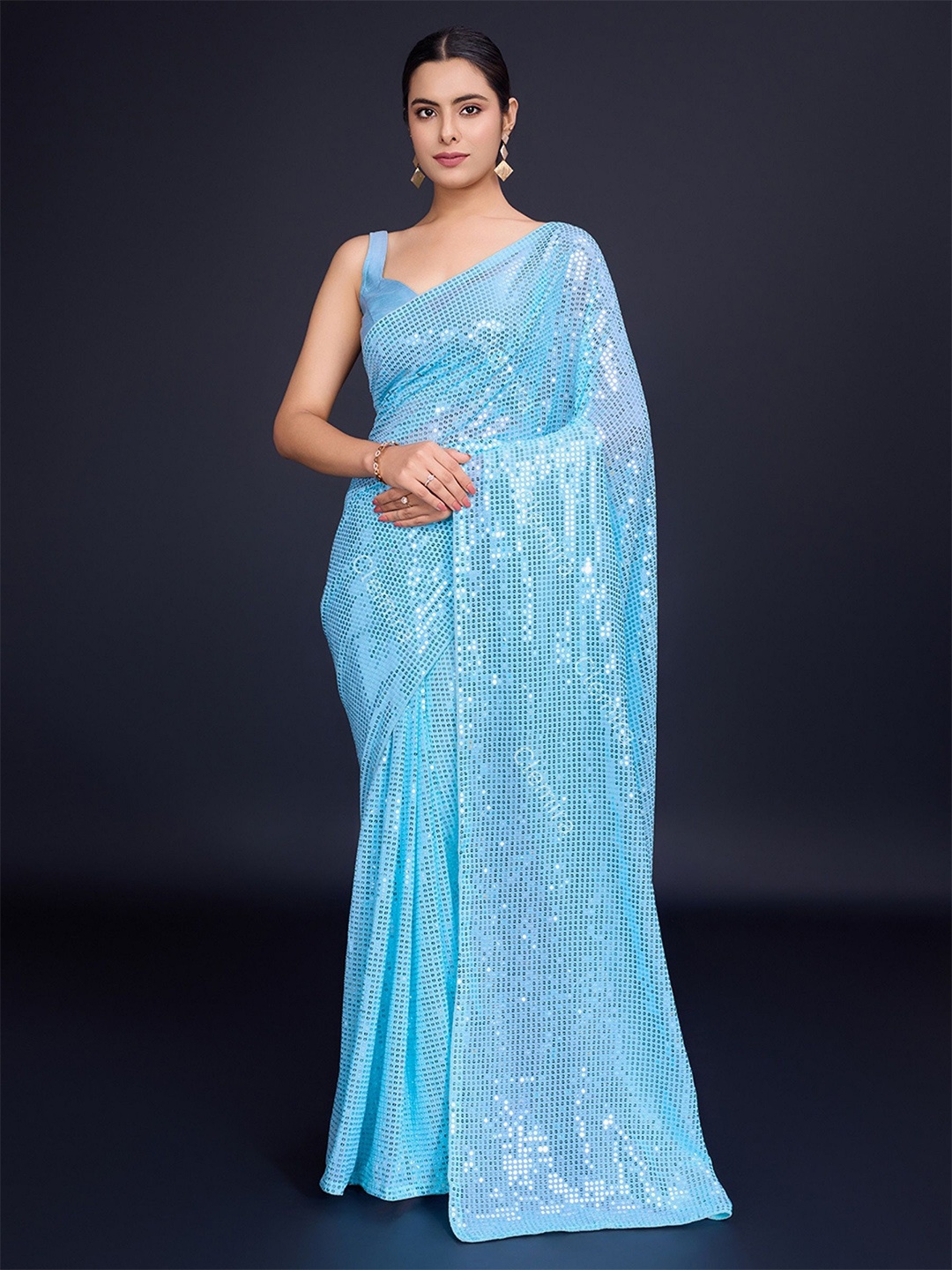 

CLEMIRA Embellished Sequinned Heavy Work Saree, Blue