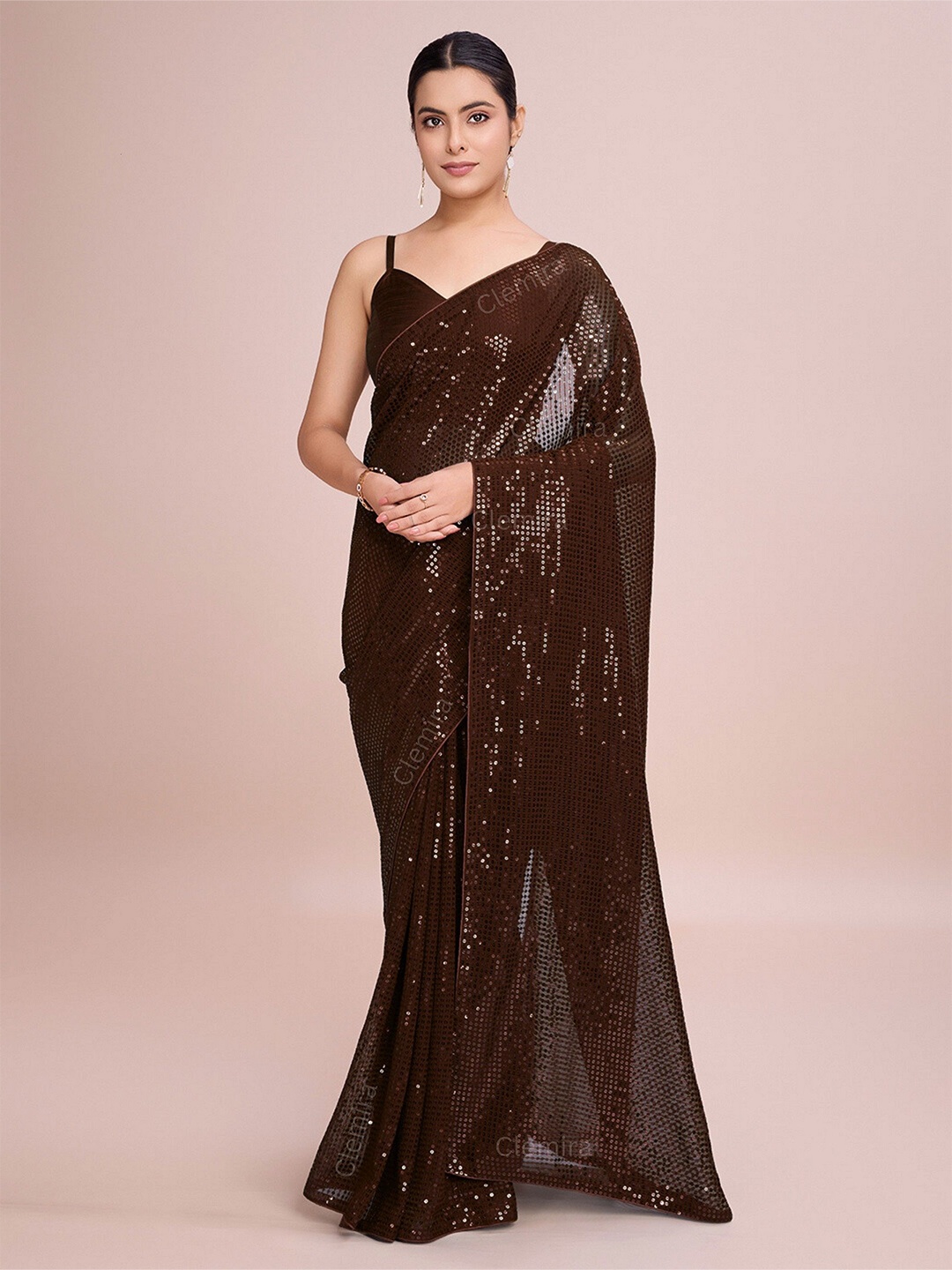 

CLEMIRA Embellished Sequinned Pure Georgette Saree, Coffee brown