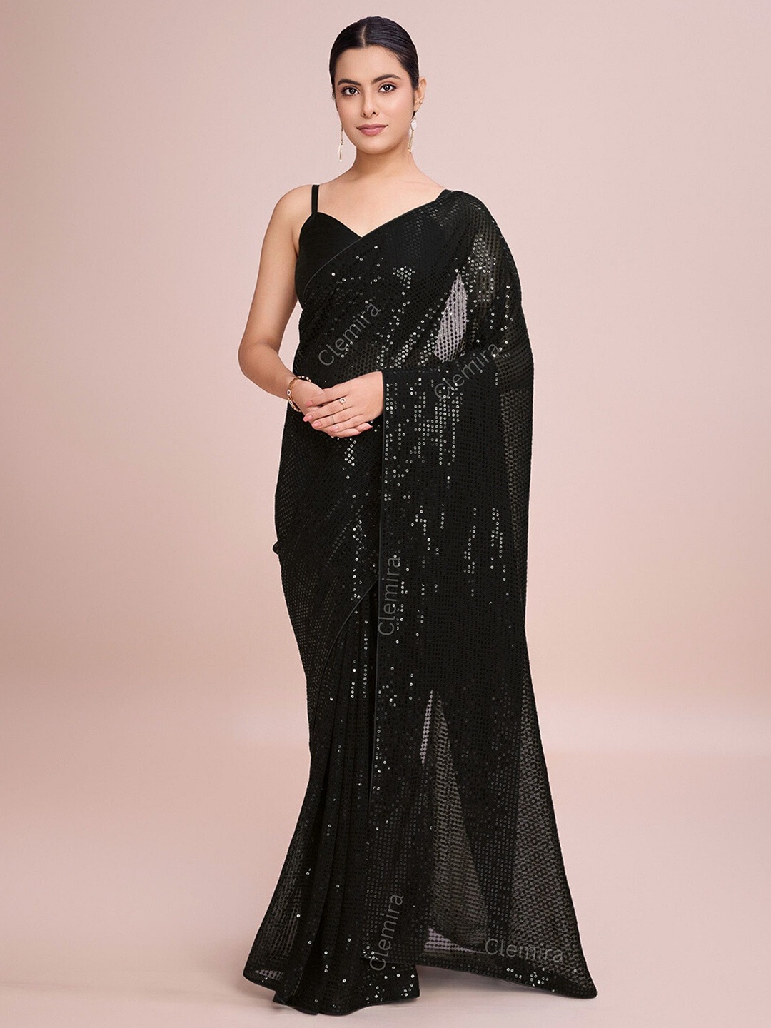 

CLEMIRA Embellished Sequinned Pure Georgette Heavy Work Saree, Black