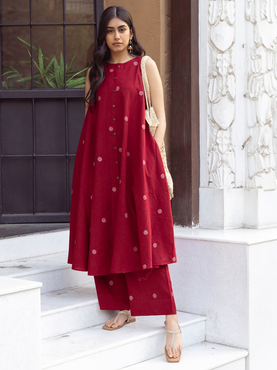 

Anni Designer Geometric Printed Anarkali Kurta with Palazzos, Red