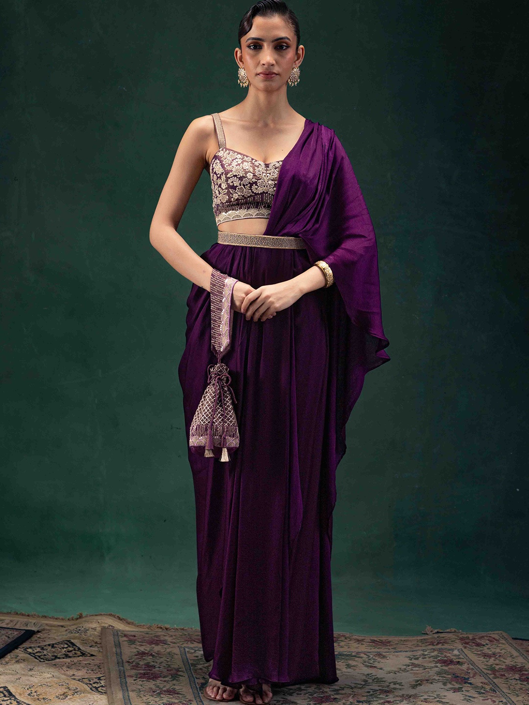 

Label Naariti Embroidered Saree With Stitched Blouse, Purple