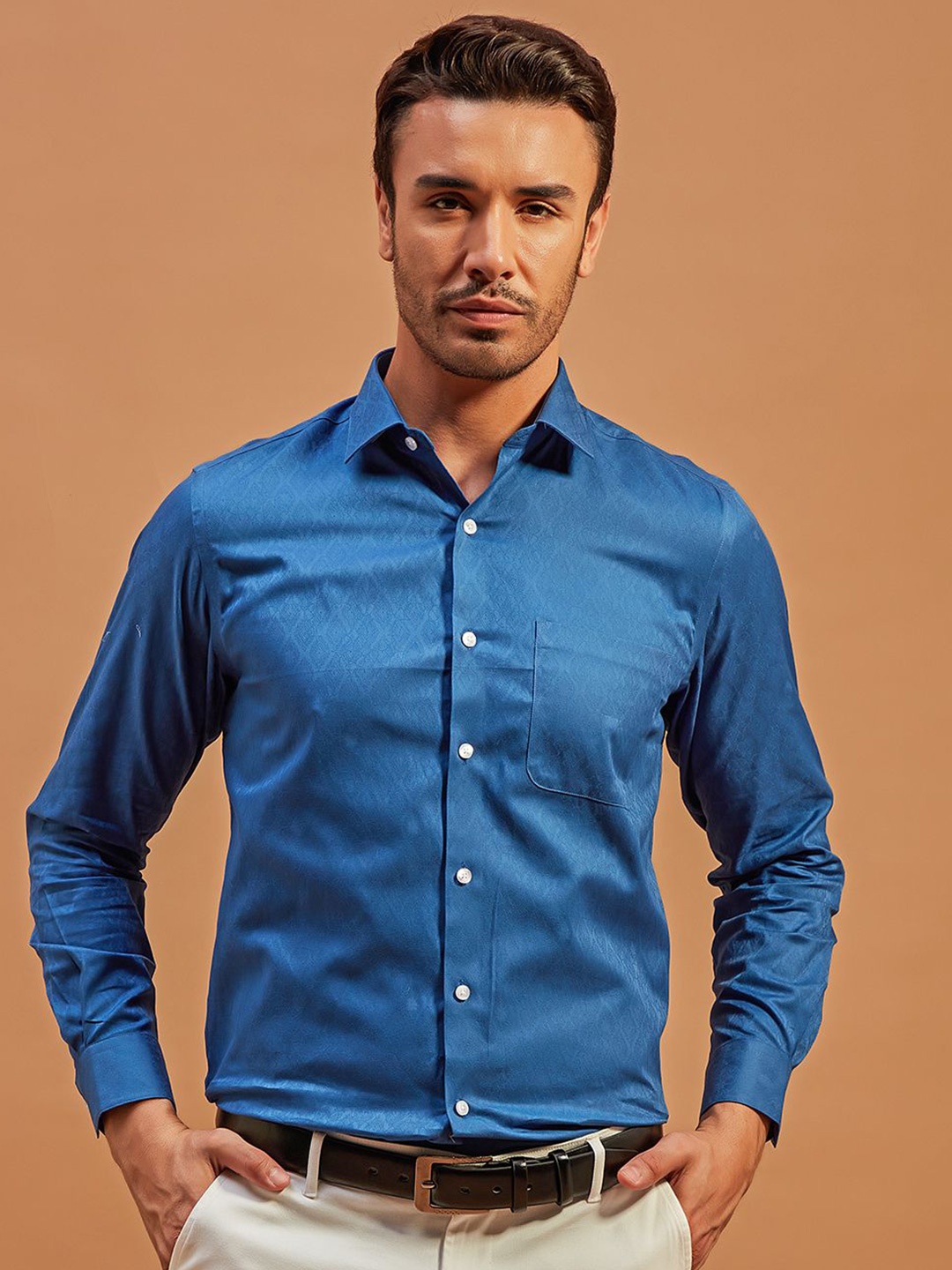 

THINC Men Spread Collar Ethnic Motifs Printed Cotton Formal Shirt, Blue