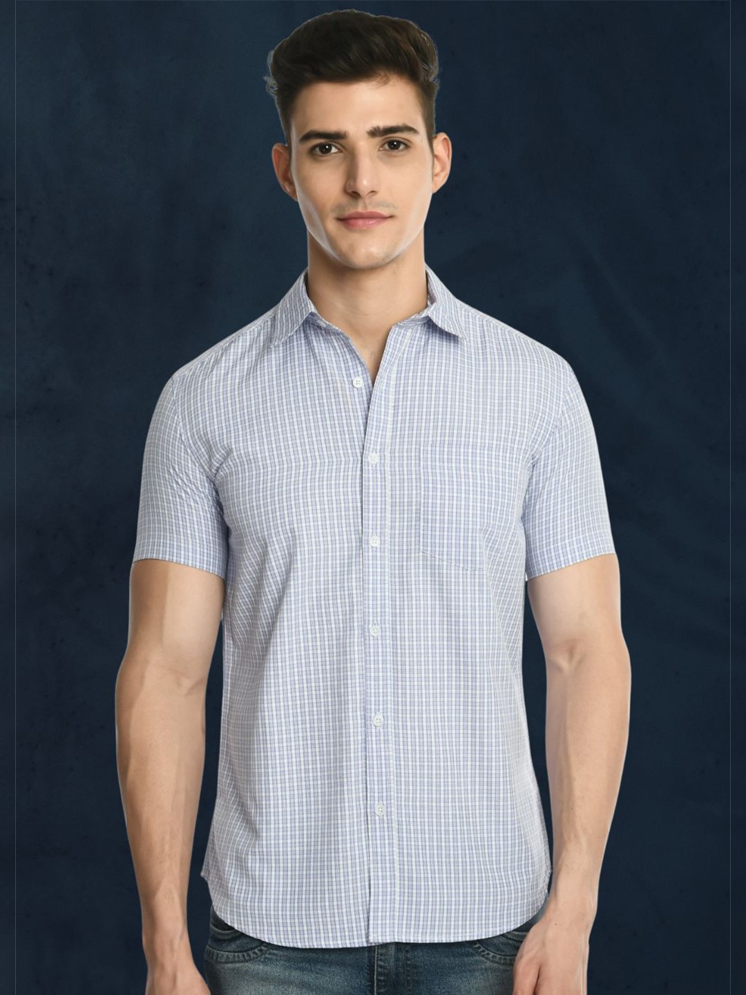 

elioop Men Standard Fit Spread Collar Micro Checked Cotton Casual Shirt, Blue