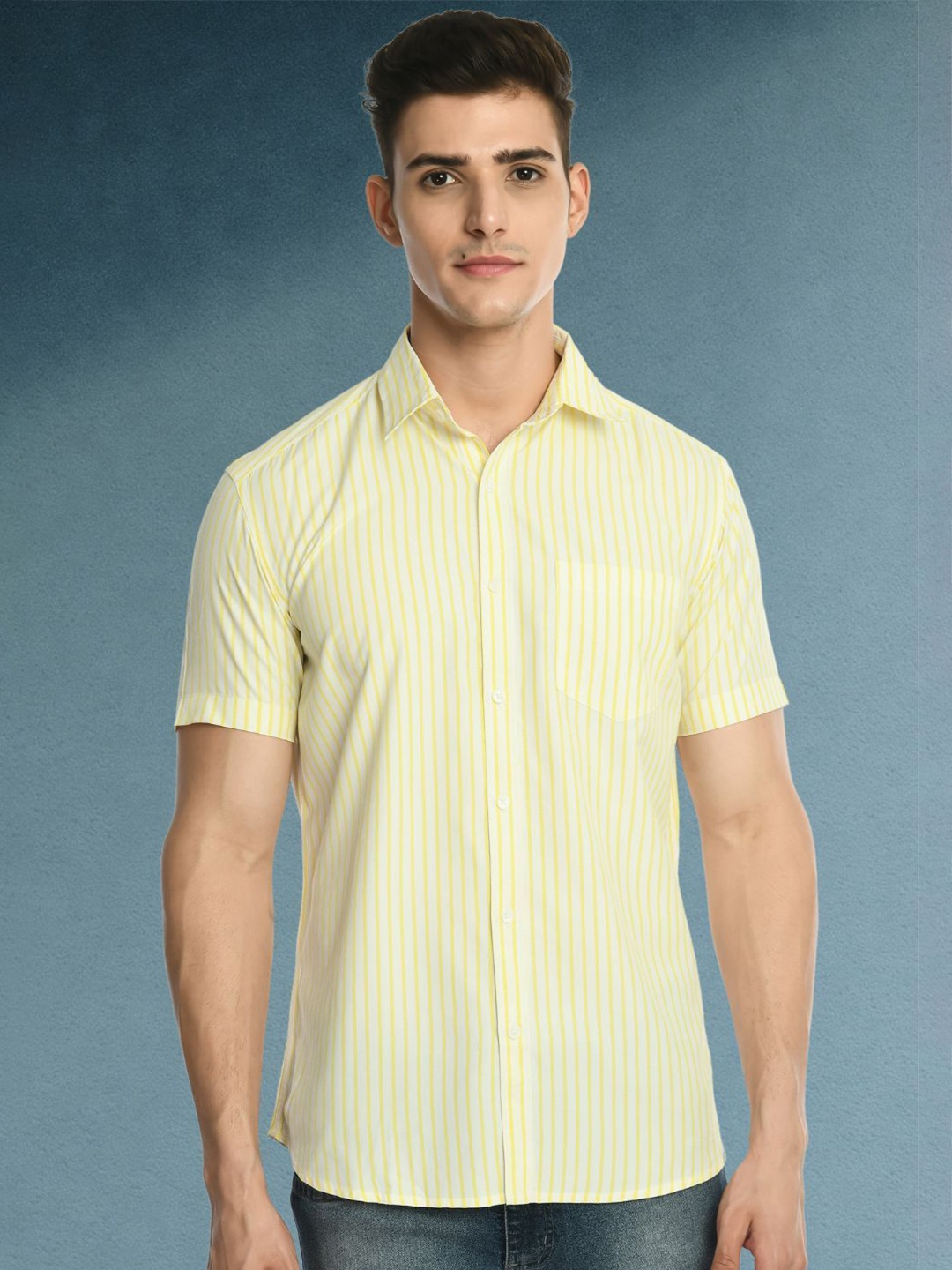 

elioop Men Standard Spread Collar Vertical Striped Cotton Casual Shirt, White