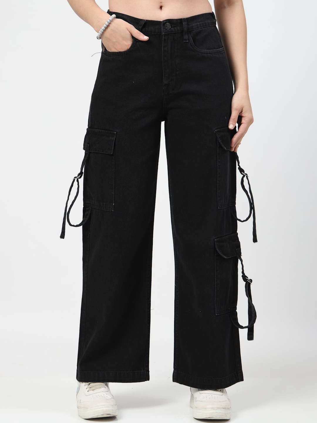 

COSMIC TRIO Women Relaxed Straight Leg Loose Fit Cargos Trousers, Black