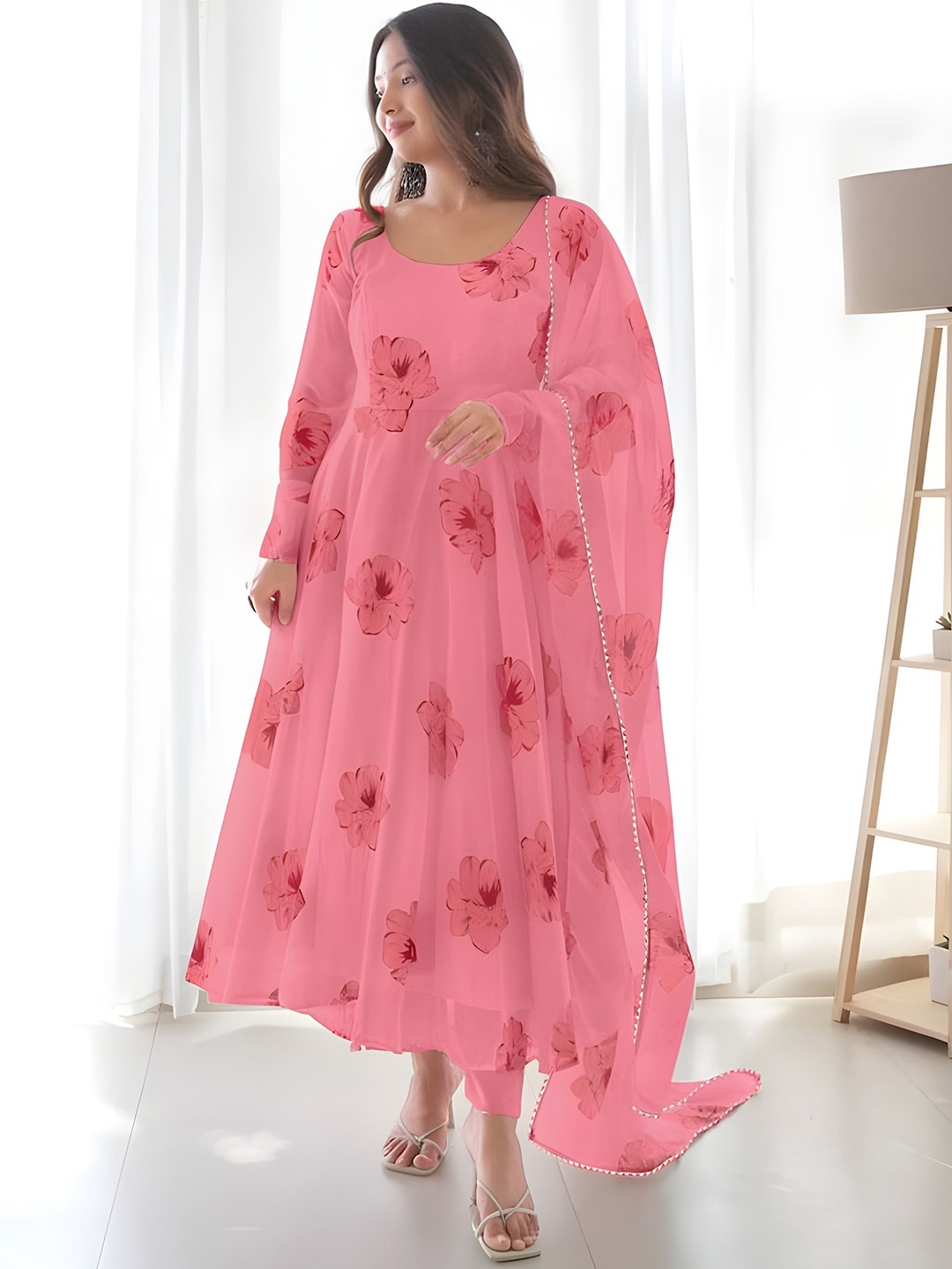 

KHODALCREATIN Floral Printed Kurta with Churidar & Dupatta, Peach