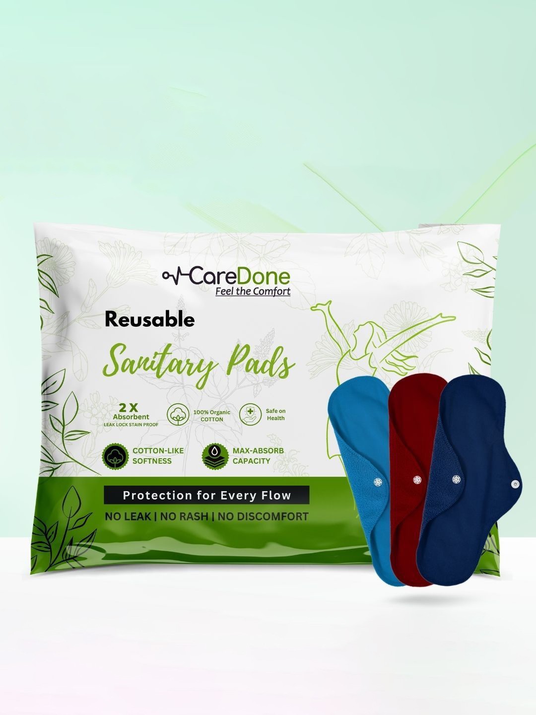 

CareDone Set Of 3 Washable & Reusable Super Absorbent Comfy Cotton Sanitary Cloth Pad - XL, Blue