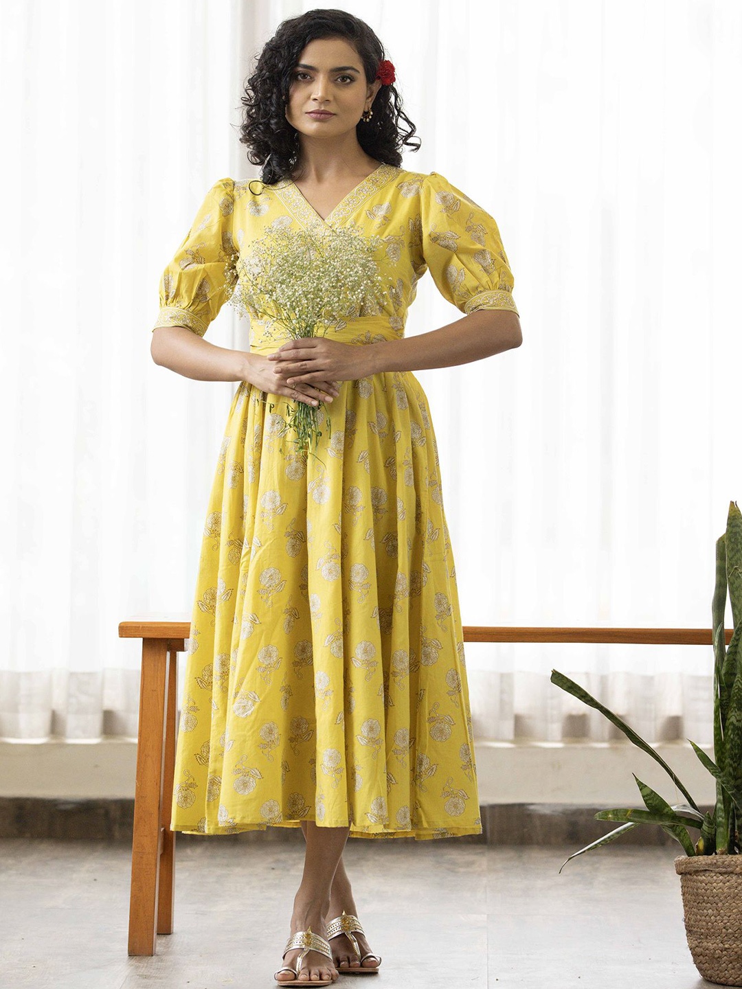 

Maitri Jaipur Women Floral Printed V-Neck Cotton Wrap Dress, Yellow
