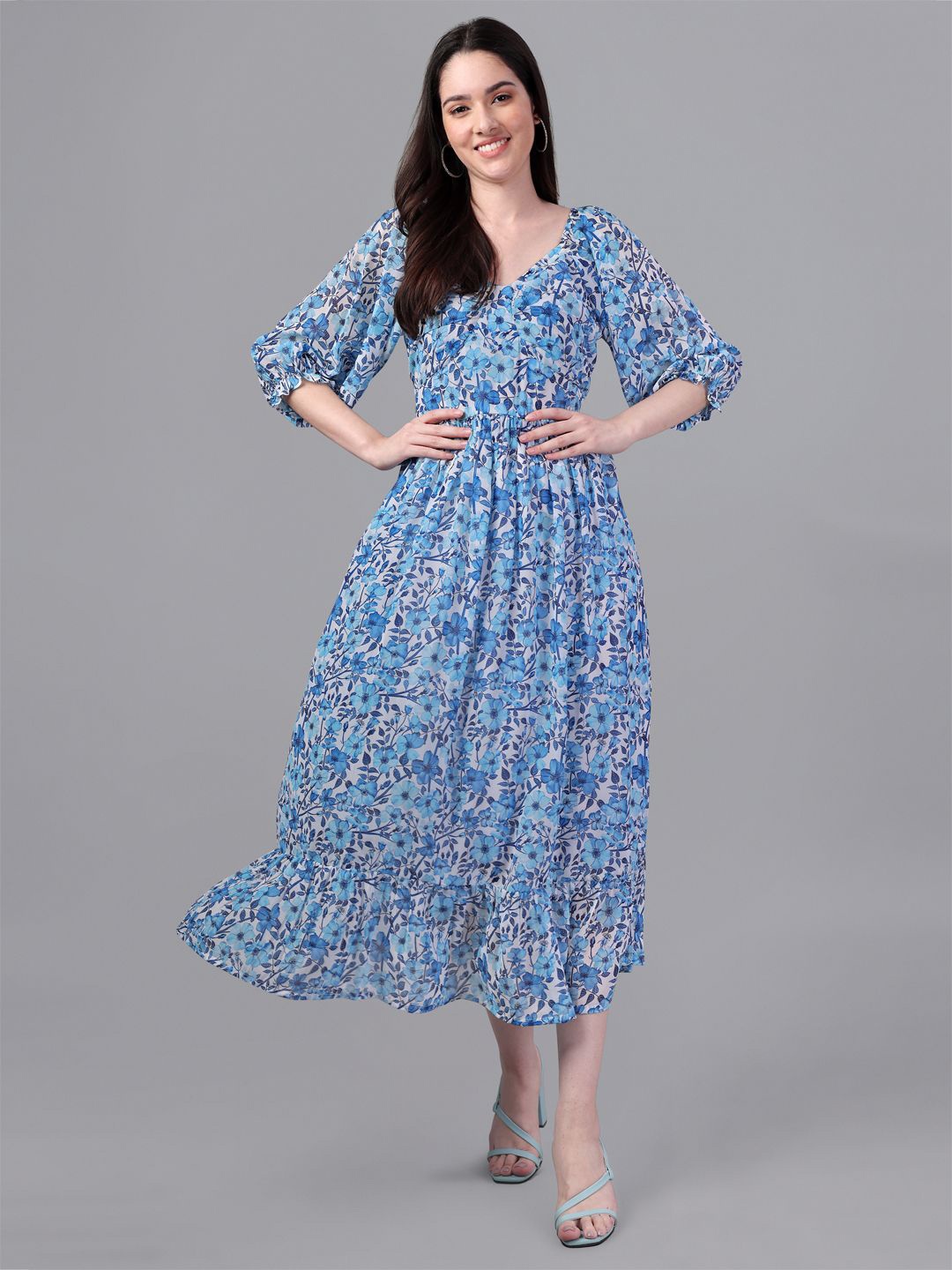 

VAROHANA Women Floral Printed Fit & Flare Cotton Midi Dress, Blue