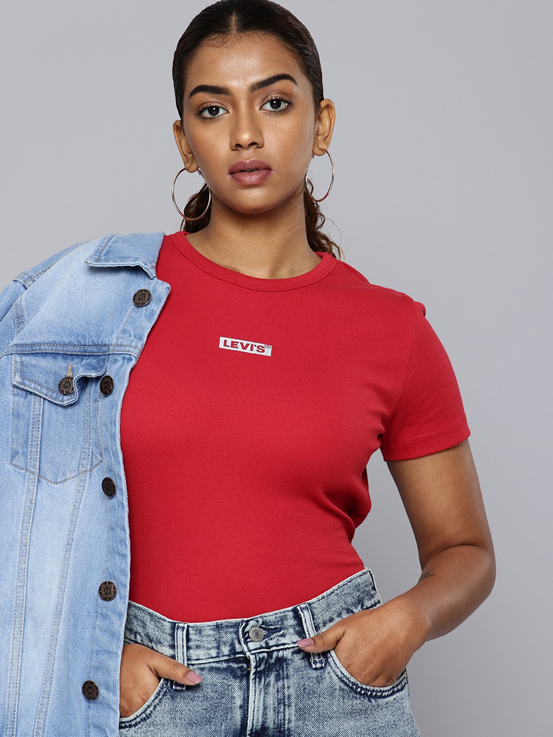 

Levis Slim Fit Brand Logo Printed Ribbed T-shirt, Red