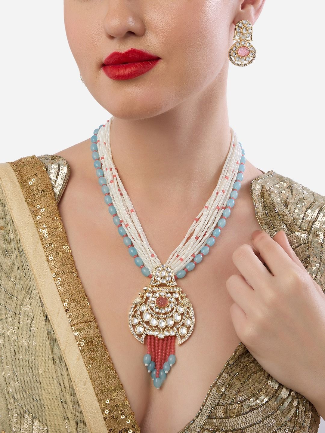 

Zaveri Pearls Gold-Plated Artificial Stone-Studded & Beaded Jewellery Set