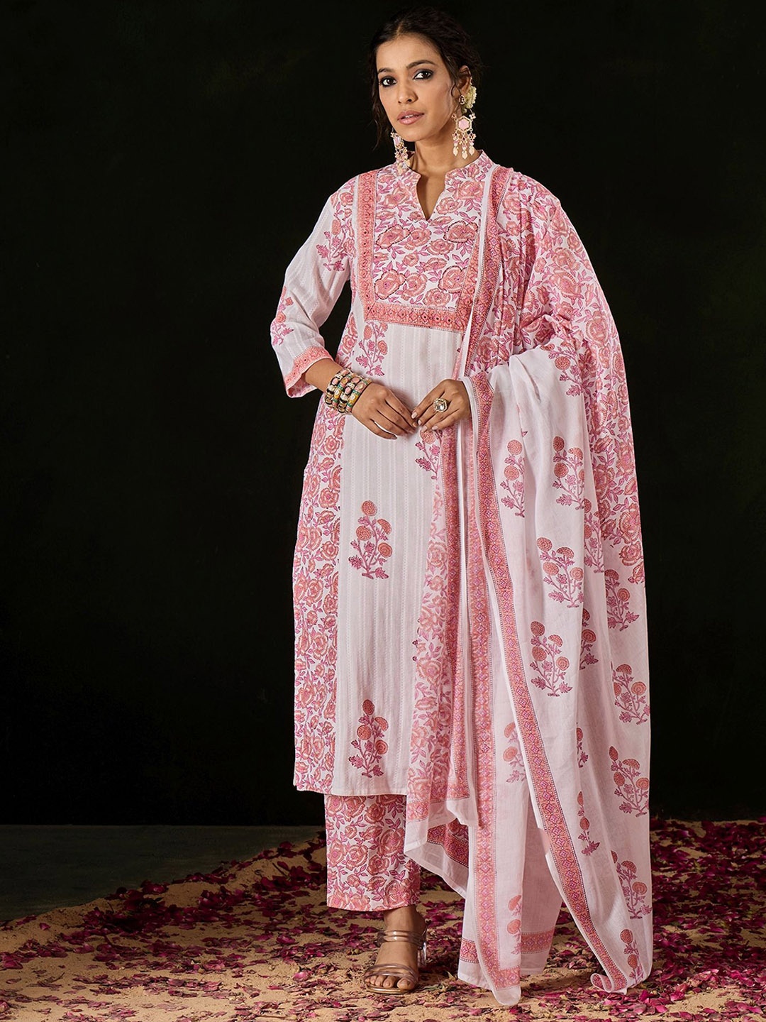 

Anouk Pink Floral Printed Mandarin Collar Pure Cotton Straight Kurta & Trouser & Dupatta, White