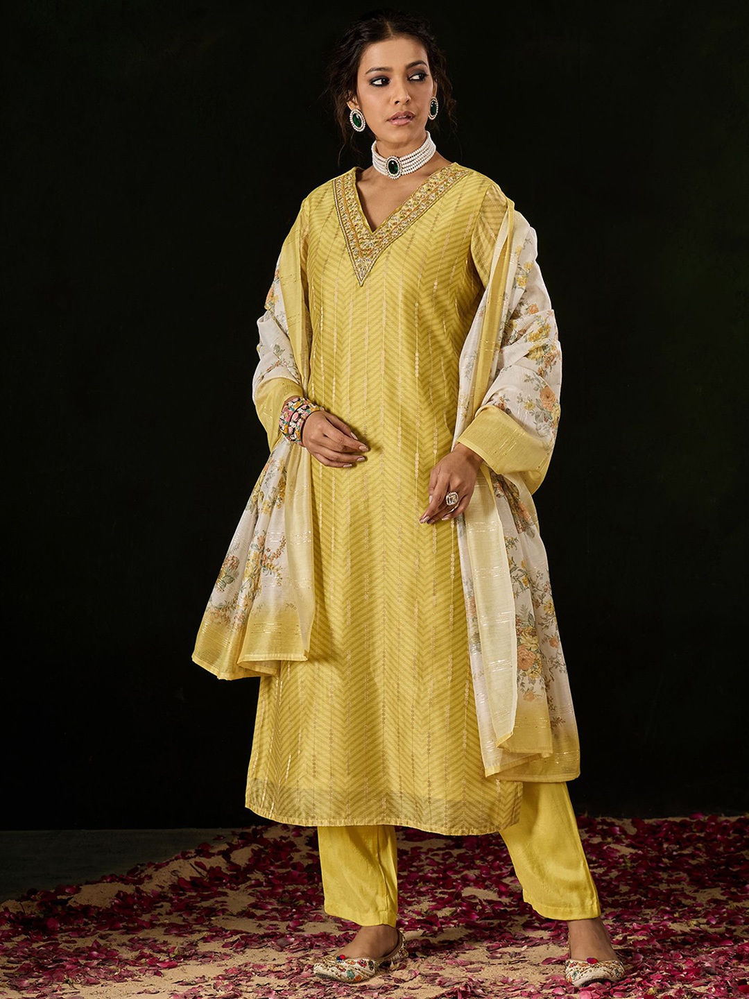 

Anouk Yellow Ethnic Motifs Woven Design Sequinned Straight Kurta With Trousers & Dupatta