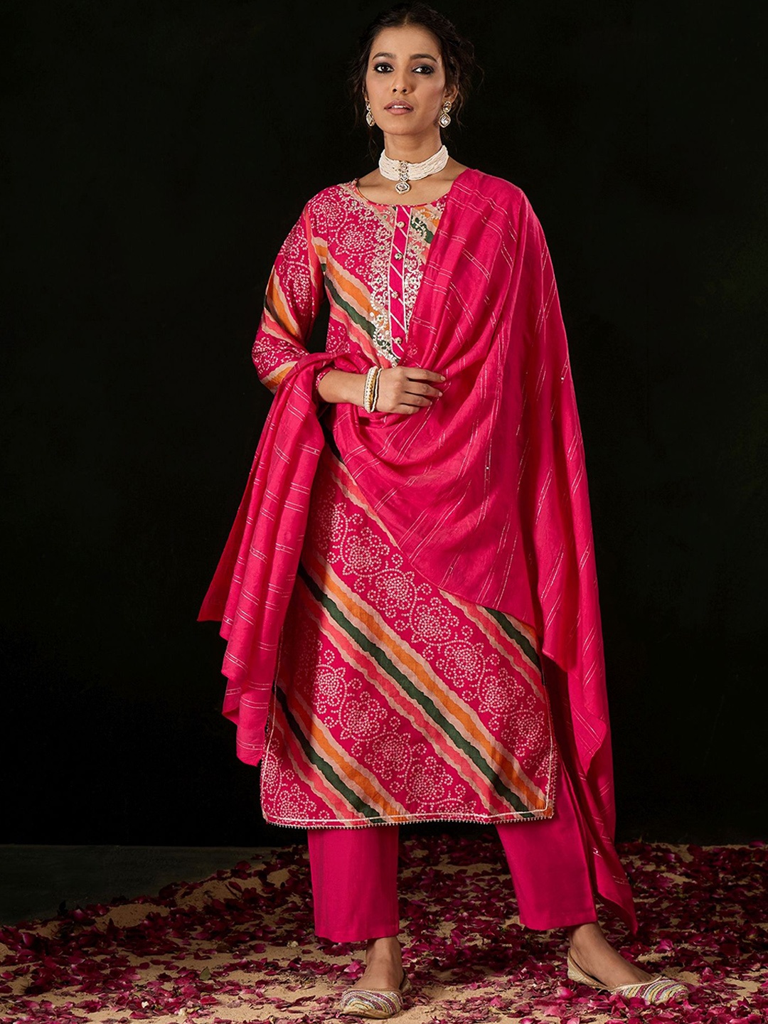 

Anouk Pink Bandhani Printed Sequinned Straight Kurta With Trousers & Dupatta