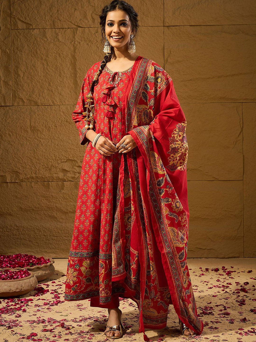 

Anouk Red Floral Printed Panelled Sequinned Pure Cotton Kurta With Trousers & Dupatta