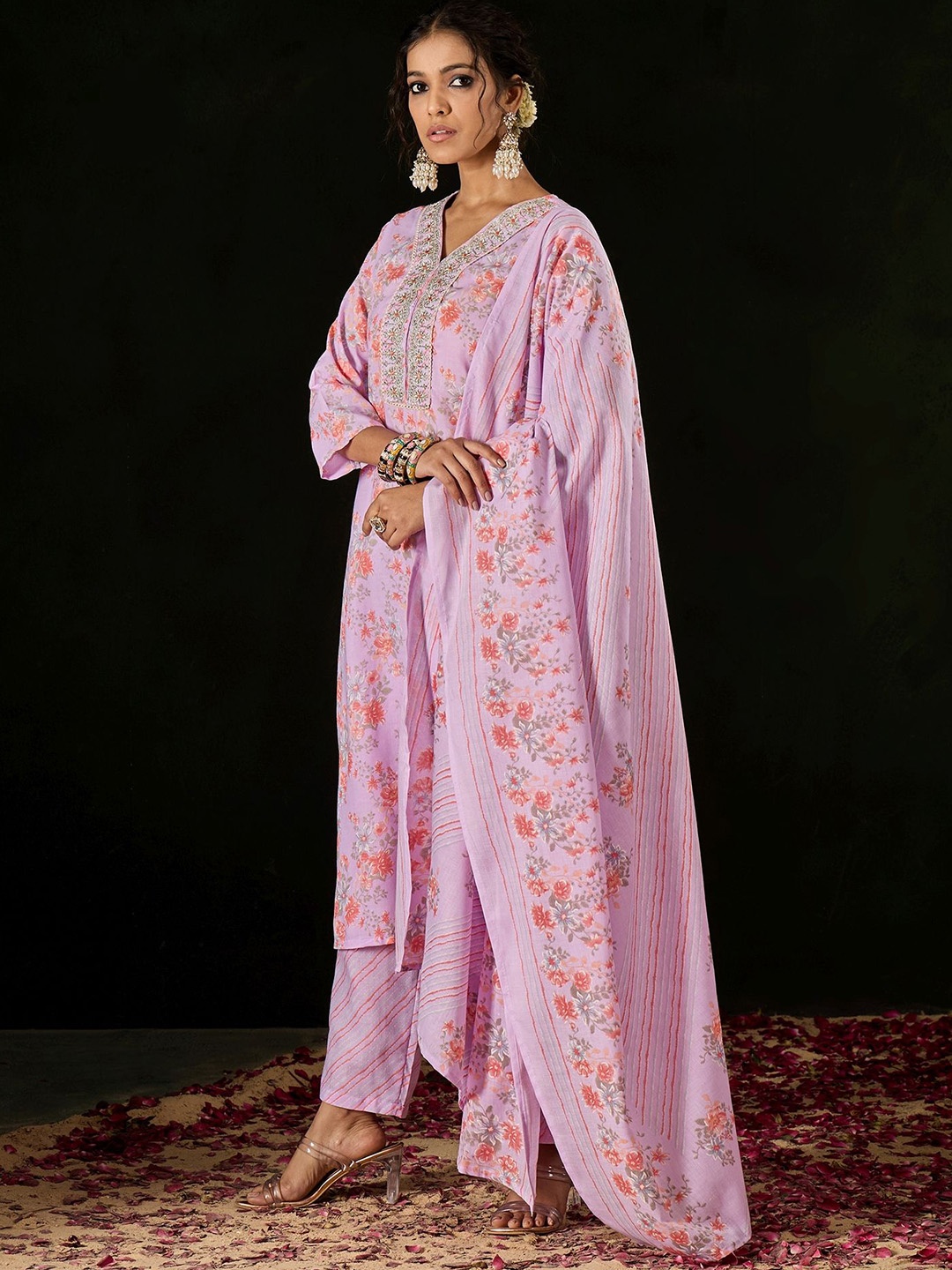 

Anouk Pink Floral Printed Thread Work Pure Cotton Straight Kurta With Trouser & Dupatta