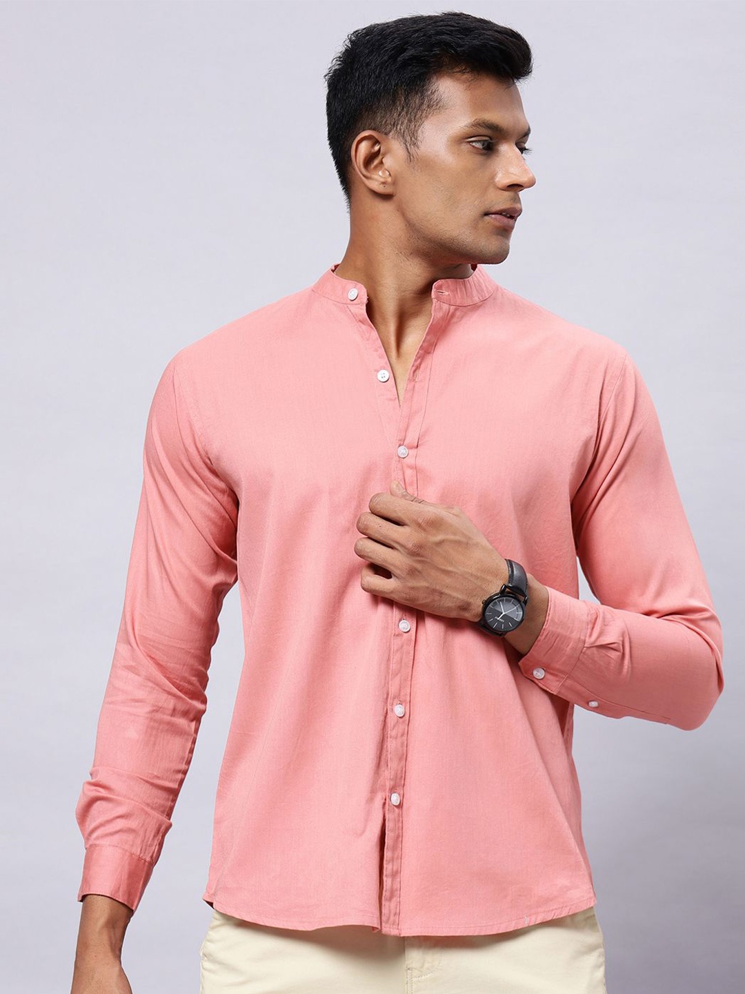 

N AND J Men Classic Band Collar Solid Cotton Casual Shirt, Pink