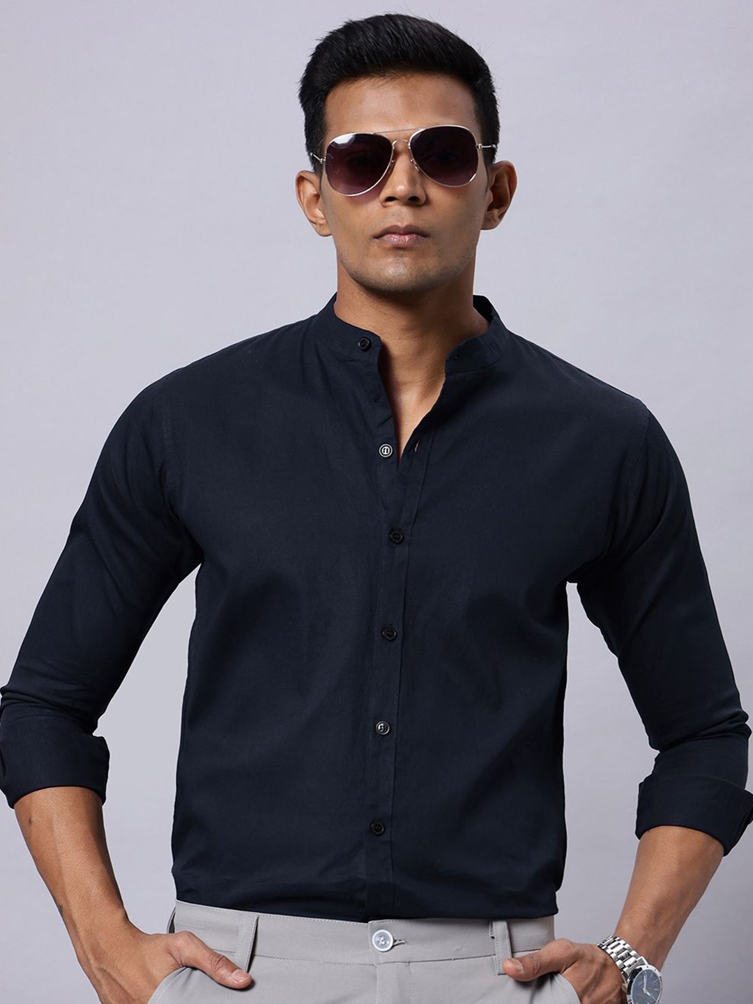 

N AND J Men Classic Opaque Casual Shirt, Navy blue