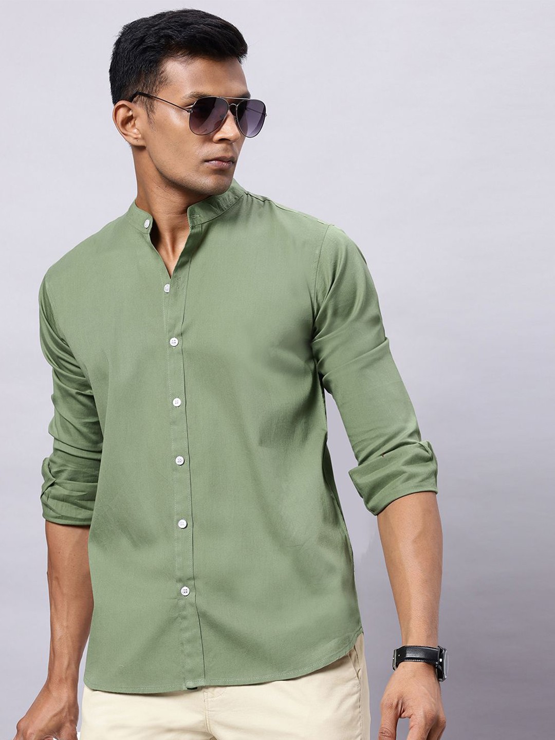 

N AND J Men Classic Band Collar Solid Cotton Casual Shirt, Sea green