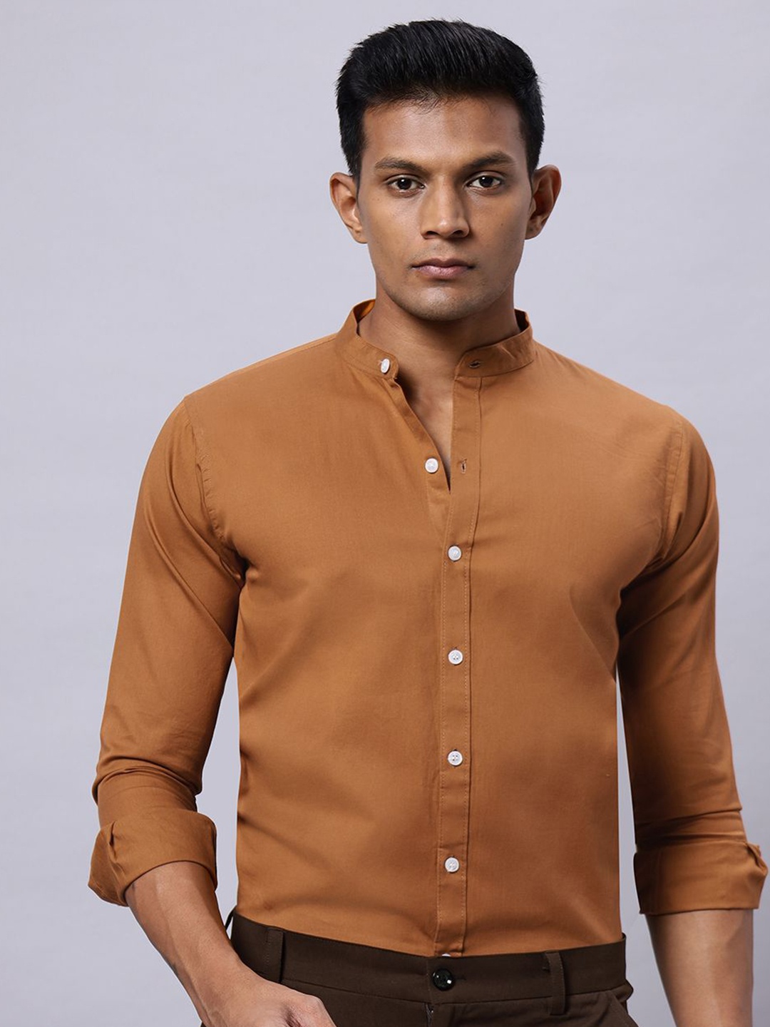 

N AND J Men Classic Band Collar Solid Cotton Casual Shirt, Brown