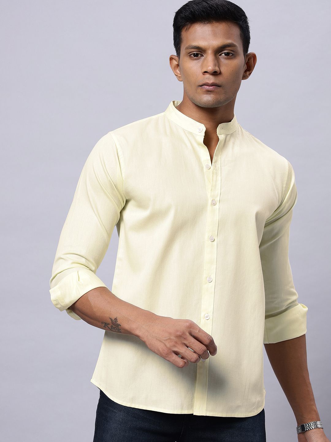 

N AND J Men Classic Band Collar Solid Cotton Casual Shirt, Yellow