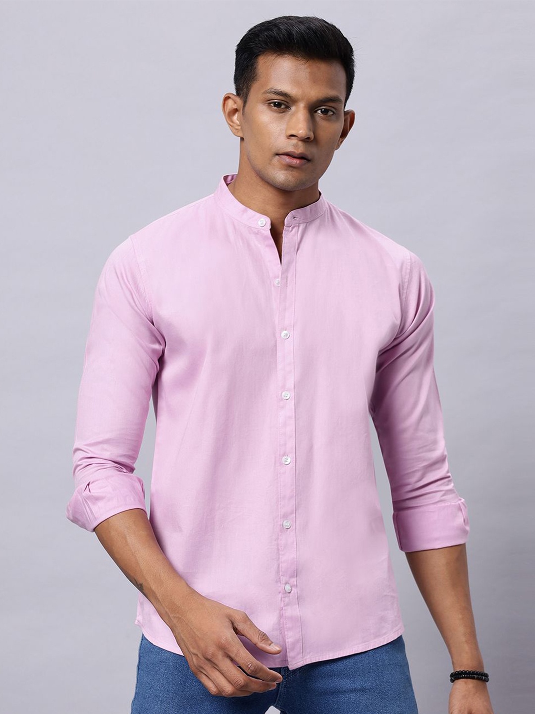 

N AND J Men Classic Band Collar Solid Cotton Casual Shirt, Pink