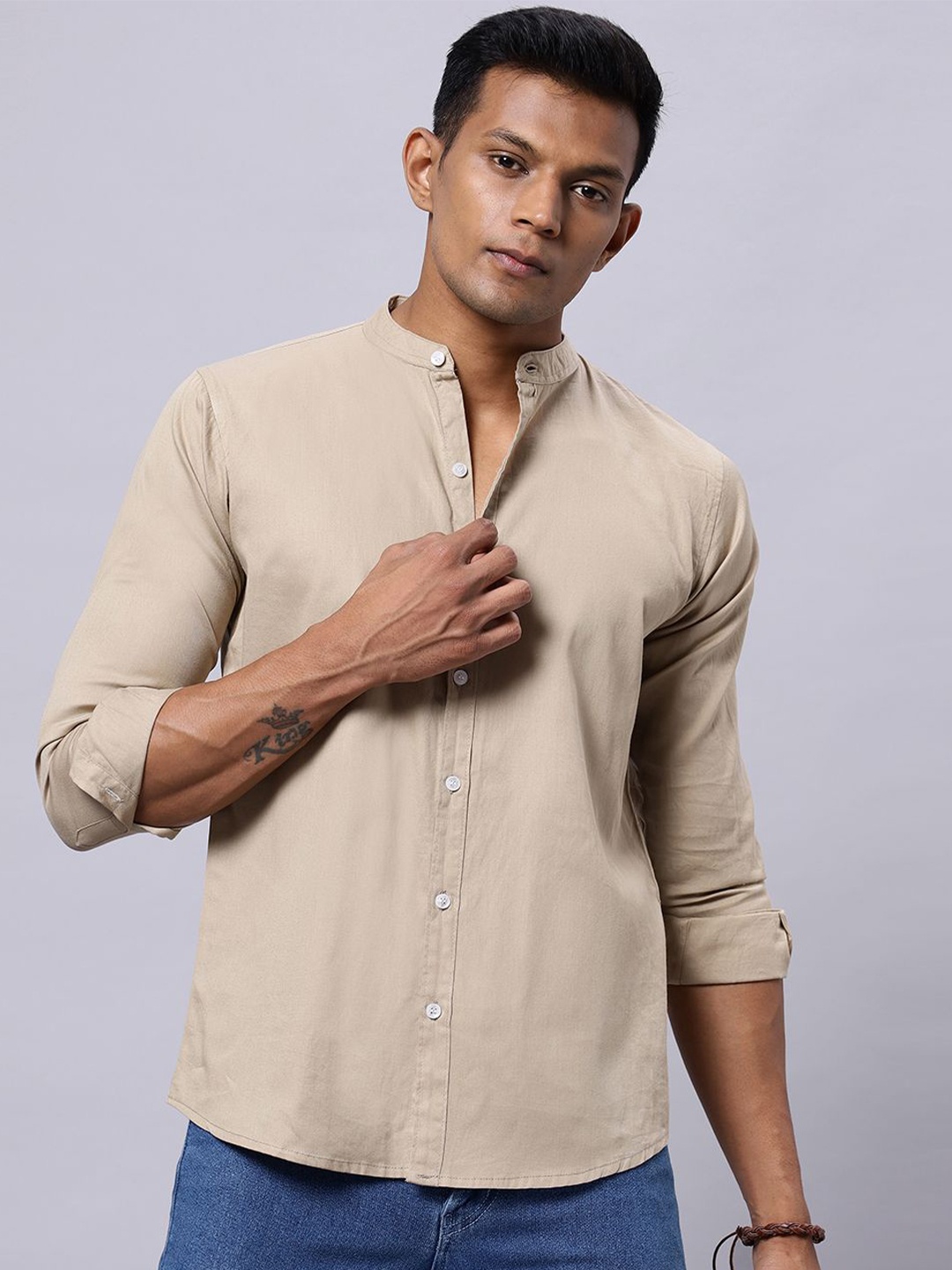 

N AND J Men Classic Band Collar Solid Cotton Casual Shirt, Beige