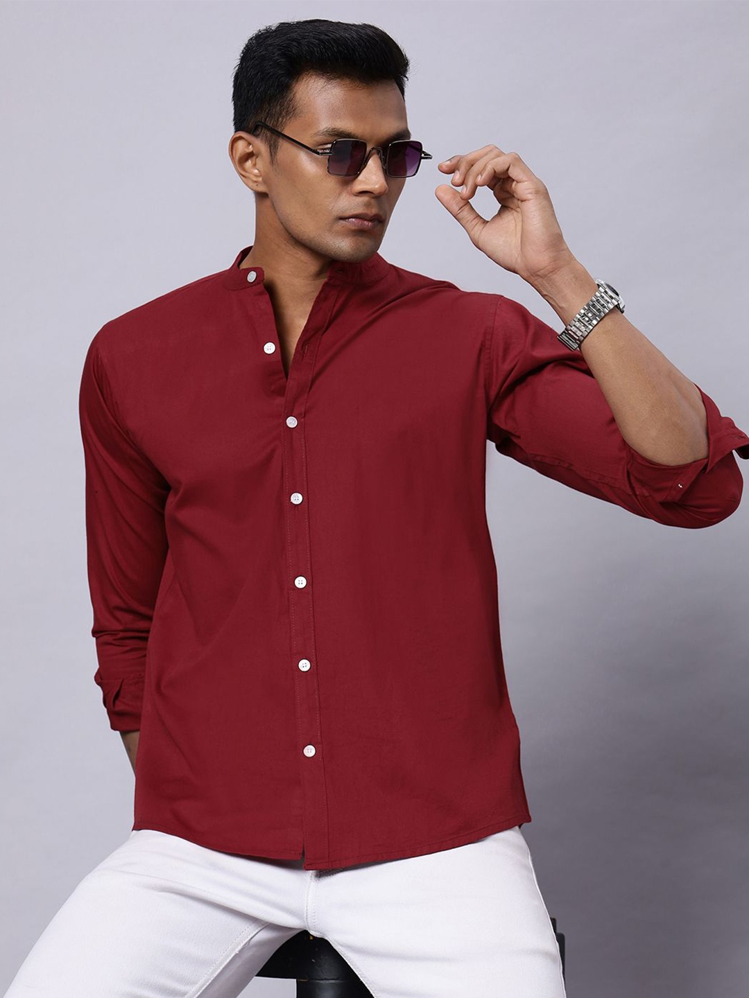 

N AND J Men Classic Band Collar Solid Cotton Casual Shirt, Maroon